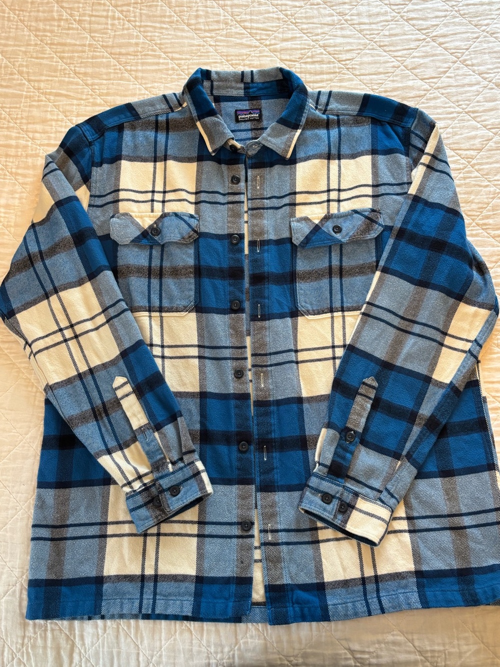 Patagonia Blue and White Plaid Button-Down Flannel Shirt